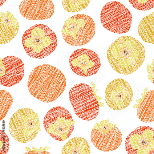 Seamless pattern with scratched persimmons, harvest background. Endless texture, fruit backdrop. Dessert texture. White background template.