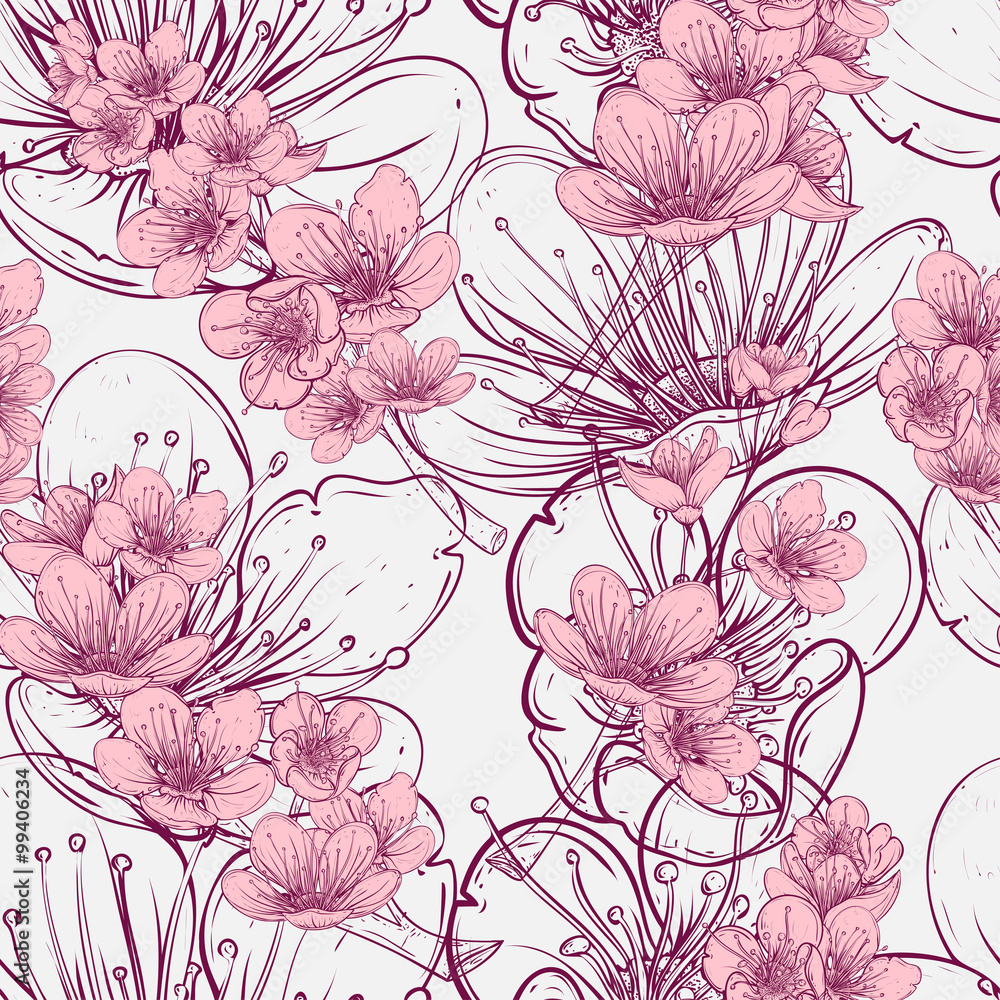 Fototapeta premium Seamless pattern with cherry tree blossom. Vintage hand drawn vector illustration in sketch style.