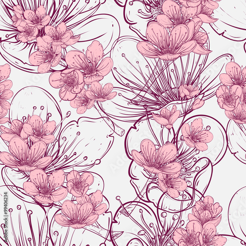 Seamless pattern with cherry tree blossom. Vintage hand drawn vector illustration in sketch style.