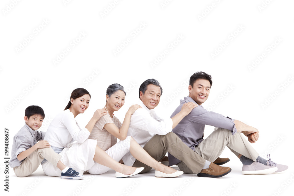 Happy three generation family sitting in a row Happy three generation family sitting in a row