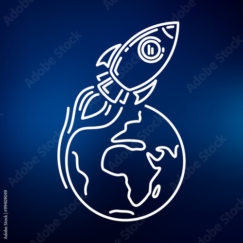 Conceptual rocket orbit earth icon. Rocket flying around earth sign. Spaceship orbit planet symbol. Thin line icon on blue background. Vector illustration of rocket orbiting earth.