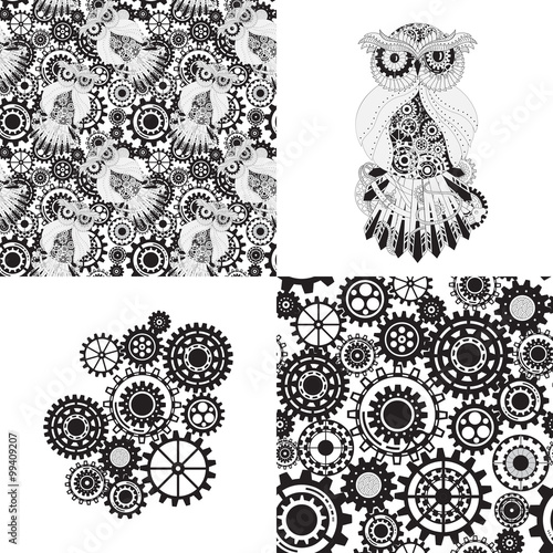 Black gears, steampunk seamless pattern. Steampunk outline vector owl with gear. Metallic steam punk owl. Set of steampunk seamless gear and owl pattern, abstract steampunk owl and gears.