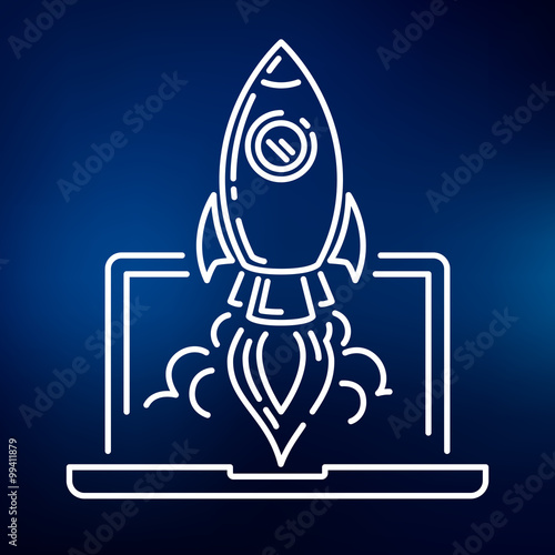 Conceptual rocket launch icon. Spaceship with laptop sign. Rocket take-off symbol. Thin line icon on blue background. Vector illustration of rocket ship launching.