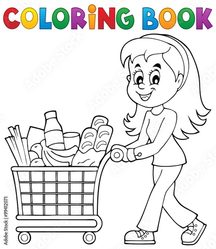 Coloring book woman with shopping cart