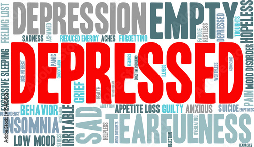 Depressed Word Cloud on a white background. 