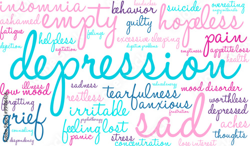 Depression Word Cloud on a white background. 