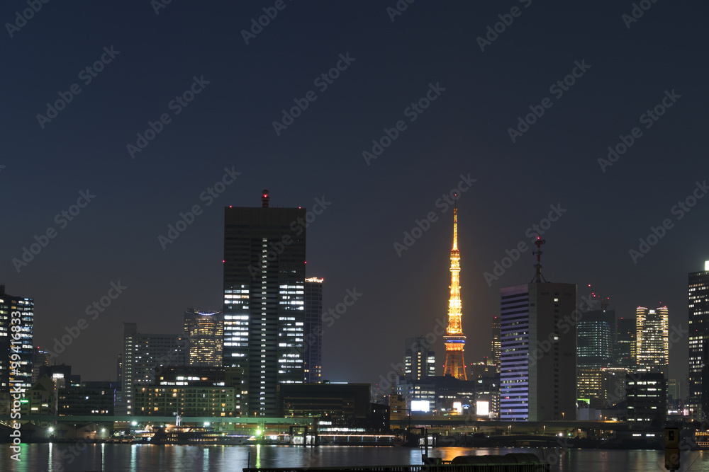 晴海埠頭から望む　東京タワーと摩天楼の町並み　夜景