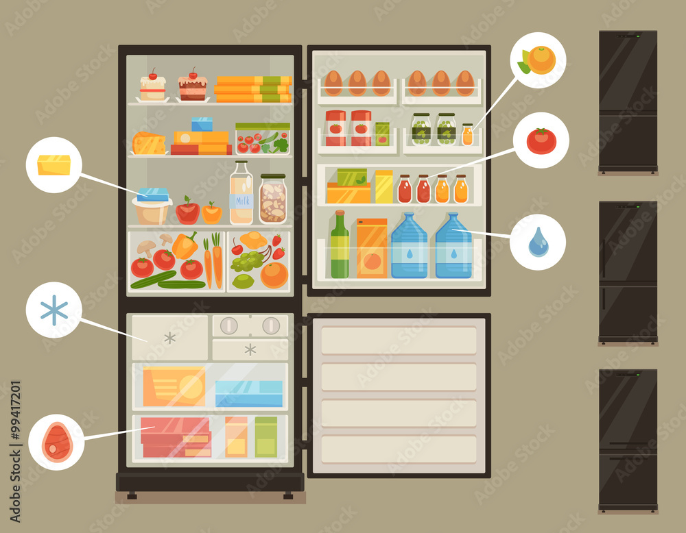 Open refrigerator full of fresh food - obrazy, fototapety, plakaty 
