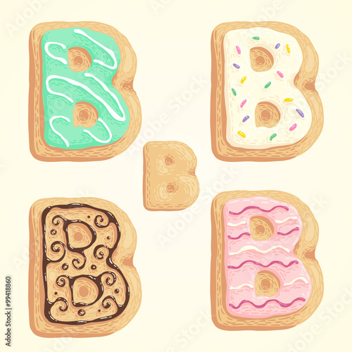 The different types of the B letter in the shape of the cookie with sweet glaze