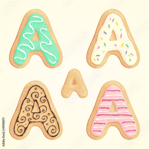 The different types of the A letter in the shape of the cookie with sweet glaze