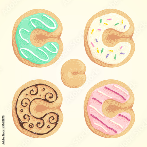 The different types of the C letter in the shape of the cookie with sweet glaze