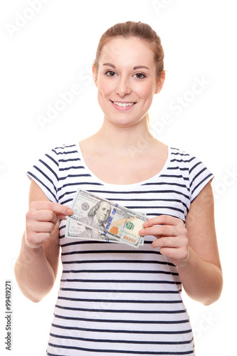 Young woman holding 200 dollar