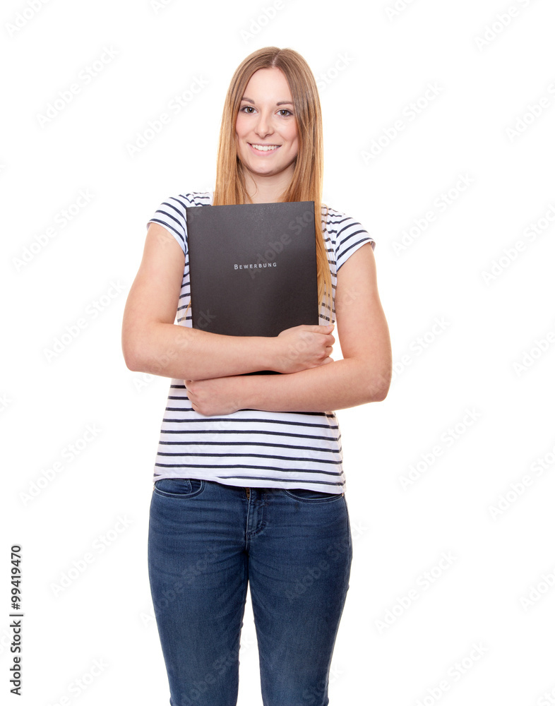 Young woman holding her application file Young woman holding her application file