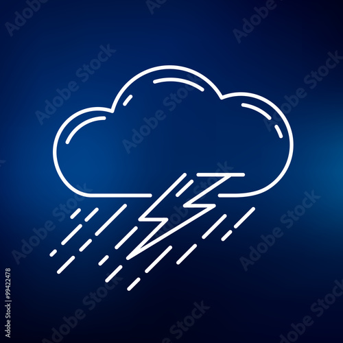 Cloud with rain and lightning thunderstorm icon. Cloud thunderstorm sign. Cloud storm symbol. Thin line icon on blue background. Vector illustration.