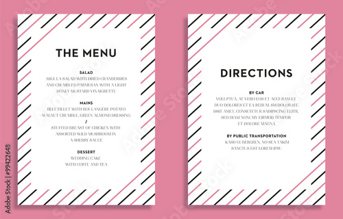 Menu and directions card for Wedding celebration. Vector design.