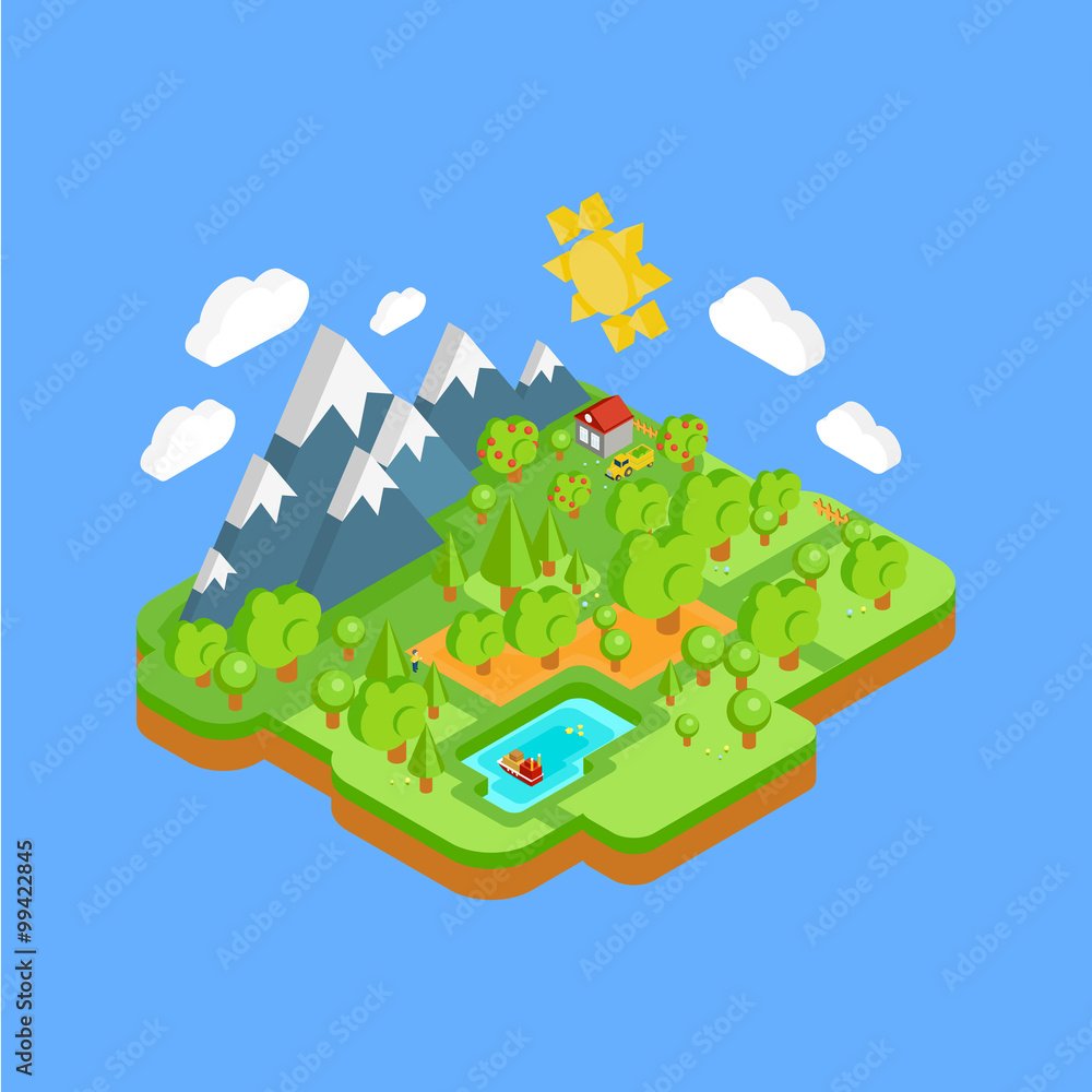 Natural Landscape with Mountains River and Forest. Vector Flat Isometric 3D Concept.