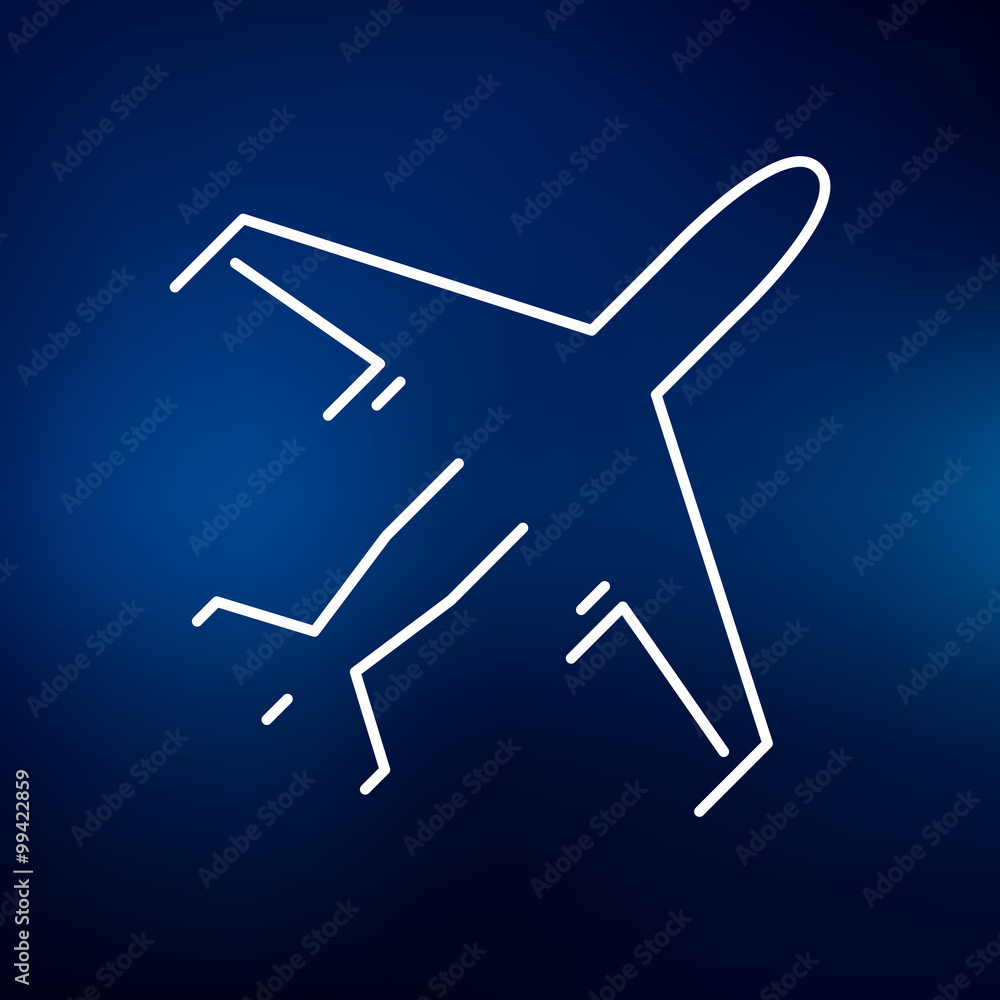 Flying airplane icon. aircraft sign. Commercial passenger plane symbol. Thin line icon on blue background. Vector illustration.