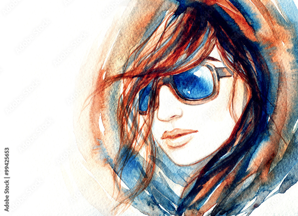 Obraz premium Woman with glasses.watercolor fashion illustration