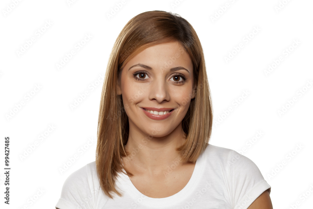 happy young woman smiling on a white background happy young woman smiling on a white background
