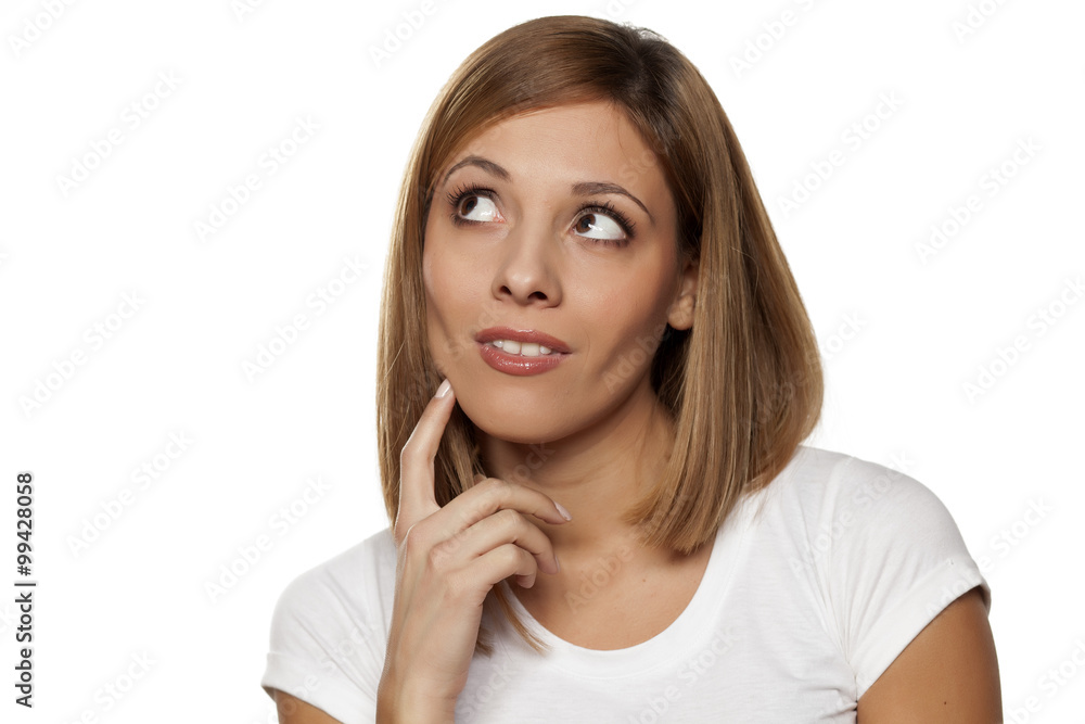 positive pensive young woman on white background positive pensive young woman on white background