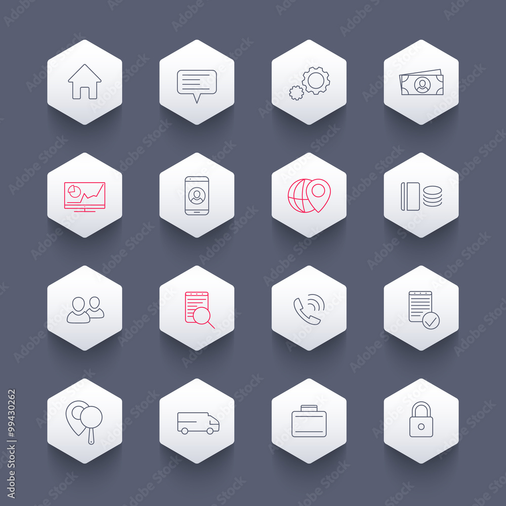 16 business, finance, enterprise line icons, hexagon set, vector illustration 16 business, finance, enterprise line icons, hexagon set, vector illustration