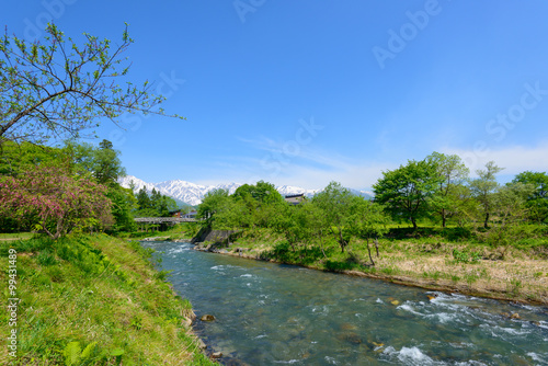 Shirouma mountains and Himekawa river at Ooide park in Hakuba  Nagano  Japan