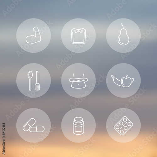 Diet, nutrition, fat loss transparent round icons set, vector illustration