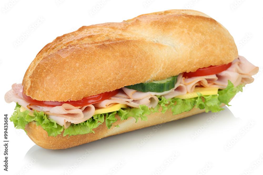 Sandwich Baguette belegt mit Schinken Freisteller Sandwich Baguette belegt mit Schinken Freisteller