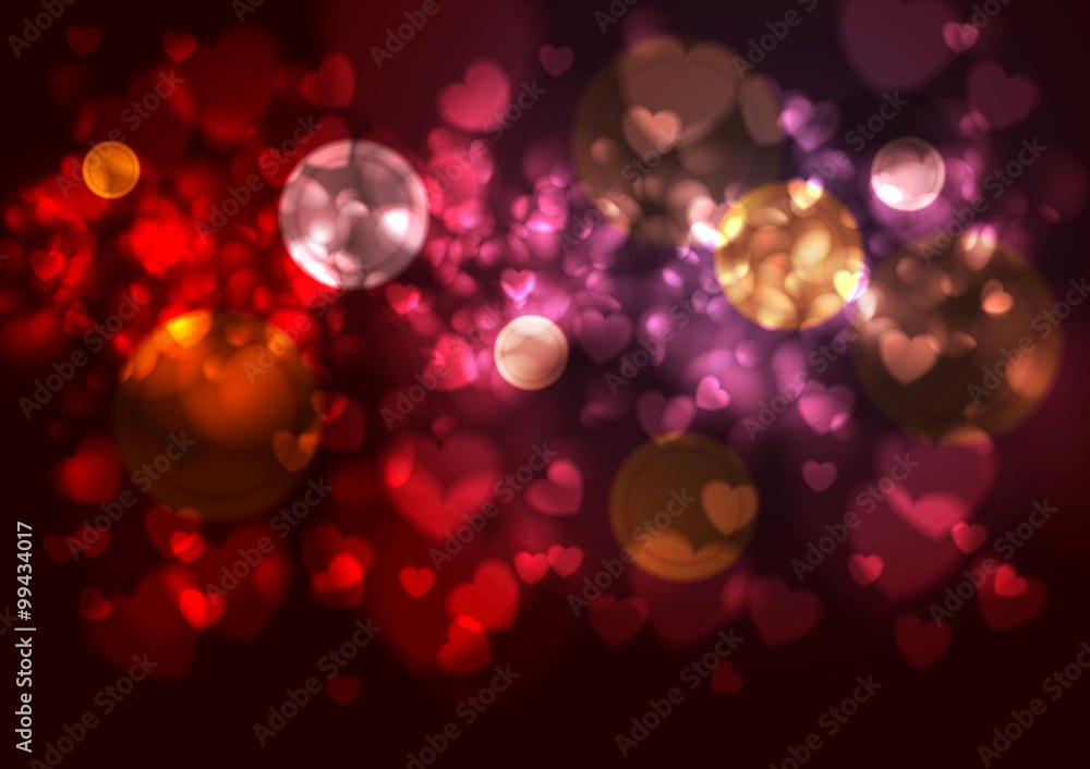 Purple and red background with blurred hearts and bokeh effects Purple and red background with blurred hearts and bokeh effects