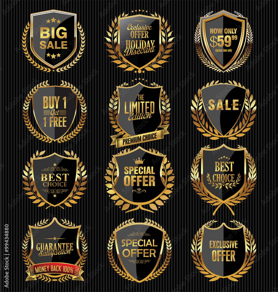 Golden shields and laurels labels collection Golden shields and laurels labels collection