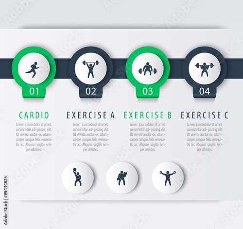 Gym training, workout, 4 steps infographic elements, with fitness exercise icons, vector illustration