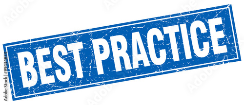 best practice blue square grunge stamp on white