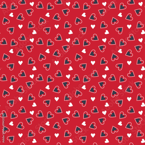 A Valentine seamless heart and polka dots pattern in red, white and Prussian blue colors with red background for Valentine's day celebrate.