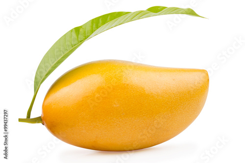 Delicious ripe mango with green leaf on white background.