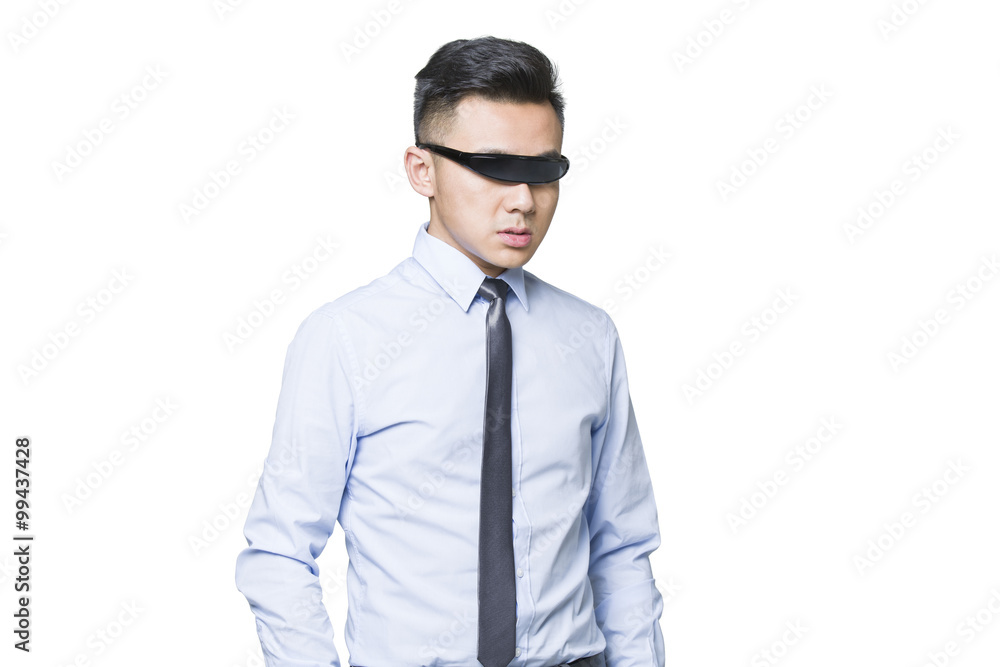 Young businessman wearing a pair of smart glasses Young businessman wearing a pair of smart glasses