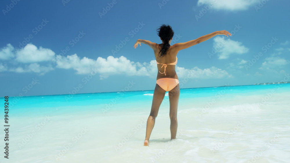 Young African American female wearing bikini enjoying tropical beach vacation Young African American female wearing bikini enjoying tropical beach vacation