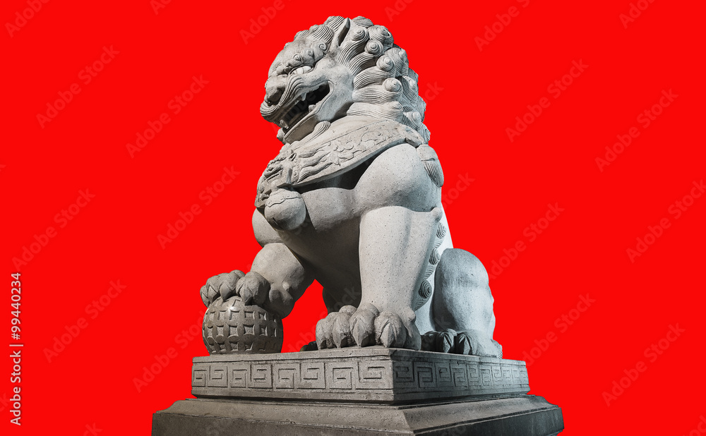 Chinese Imperial Lion Statue  on red background.  include un-expand path. use for background.