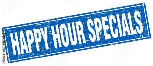 happy hour specials blue square grunge stamp on white