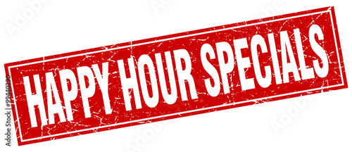 happy hour specials red square grunge stamp on white