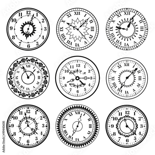Clock watch alarms black vector icons illustration