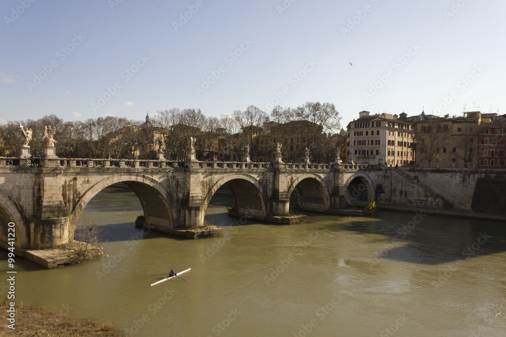 Historic Ponte Sant'Angelo in Rome, Italy, and the Tiber River