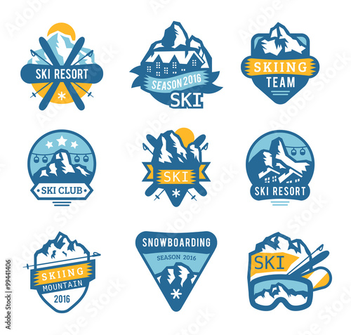 Ski resort logo emblems, labels badges vector elements