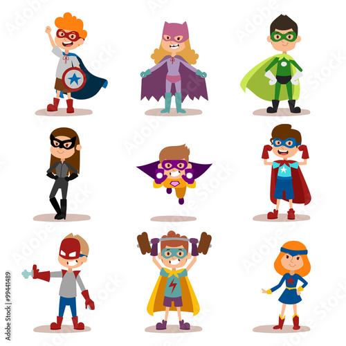 Superhero kids boys and girls cartoon vector illustrationt