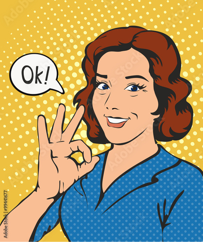 Woman says okay success pop art comics retro style illustration