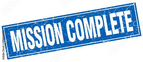 mission complete blue square grunge stamp on white