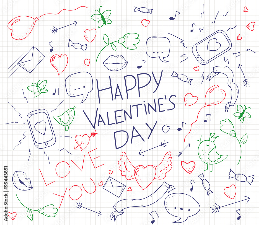 Valentines day card with hand drawn doodles. Lips, birds, phone, mail, heart, arrows and ribbons. Vector illustration. Valentines day card with hand drawn doodles. Lips, birds, phone, mail, heart, arrows and ribbons. Vector illustration.