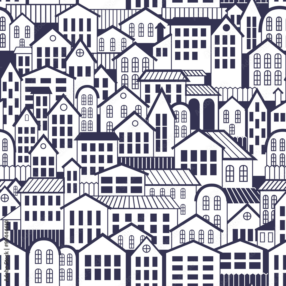 Vector Seamless Town Pattern. Wallpaper with old Architecture.