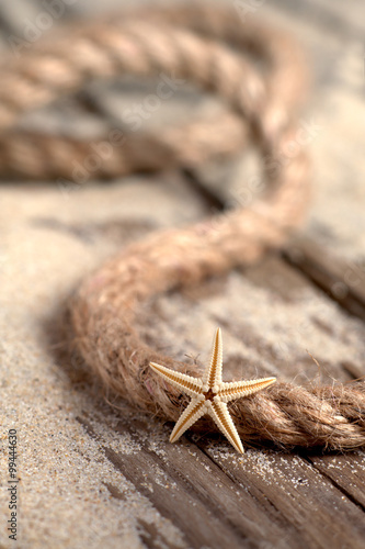 Starfish and rope on wooden boards photo