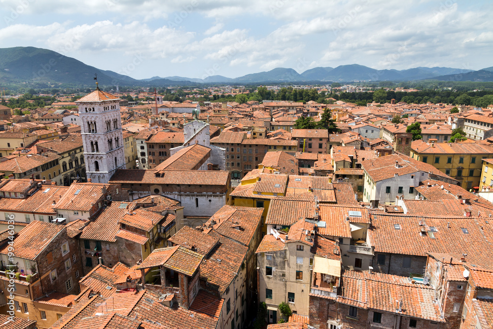 Skyline of the city of Lucca, Italy. Seen from the Torre delle ore