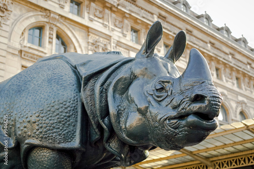 Rhino sculpture in front of the Musee d'Orsay museum in Paris, France